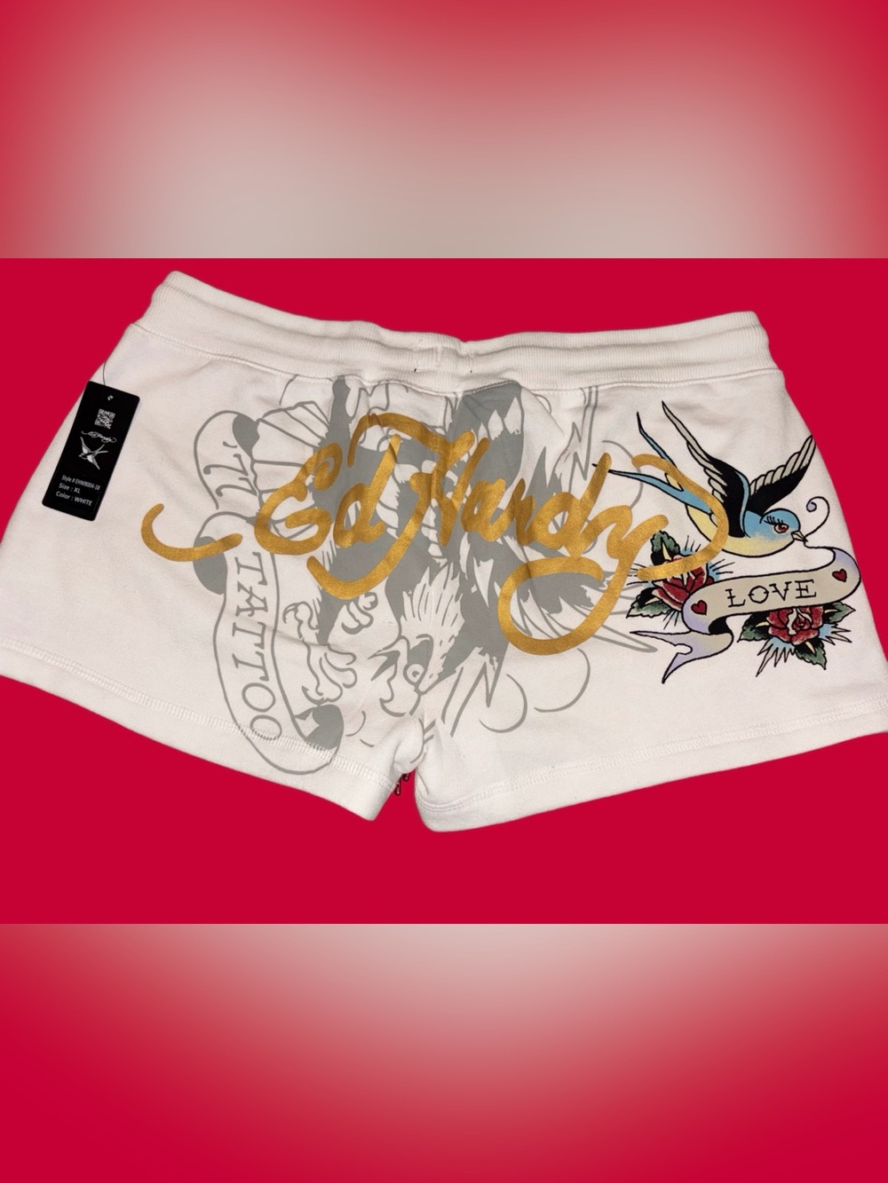 Ed Hardy White Tattoo-Graphic Women's Athletic Shorts with Gold Script